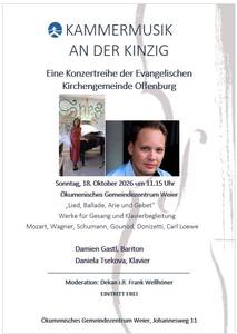 Quelle: Ev. Kirchengemeinde Offenburg, MatthäusOkt. 2026 Das Plakat zeigt unter der Überschrift Fotos von Daniela Tsekova, Klavier und Damien Gastl, Bariton. und von