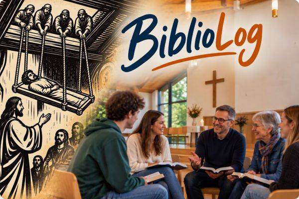 auf der linken Seite des Bildes wird in einem Holzschnitt eine Szene aus "Jesus und der Gelähmte dargestellt. Auf der rechten Seite Menschen mit Bibeln in einem BiblioLog